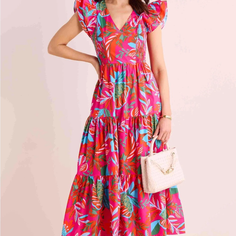 Pink and Orange Ruffled Maxi Sundress with Puff Sleeves